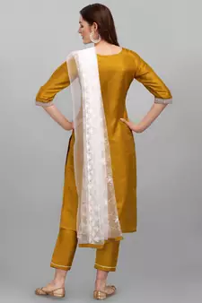 Mustard embroidered cotton silk Kurta Pant With Dupatta