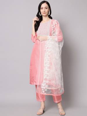 Peach embroidered cotton silk Kurta Pant With Dupatta 1