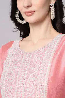Peach embroidered cotton silk Kurta Pant With Dupatta