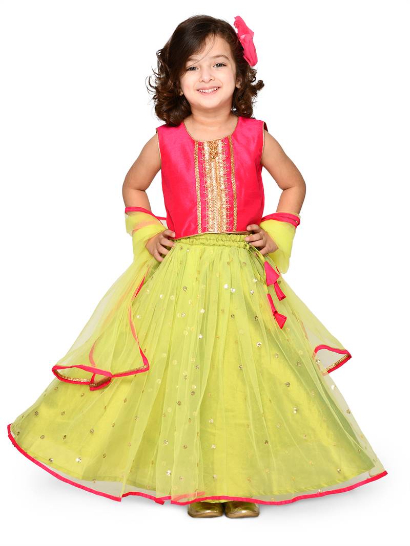 Saka Designs Neon Green And Magenta Lehenga Choli With Sequenced Work