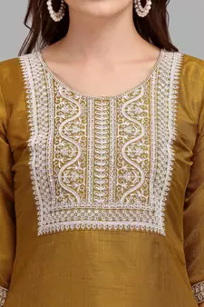 Mustard embroidered cotton silk Kurta Pant With Dupatta