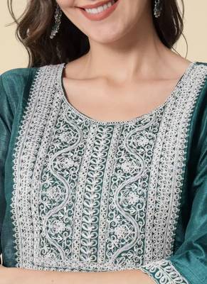 Sea-green embroidered cotton silk Kurta Pant With Dupatta 5
