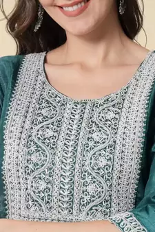 Sea-green embroidered cotton silk Kurta Pant With Dupatta