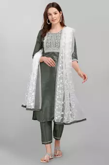 Light-jade embroidered cotton silk Kurta Pant With Dupatta