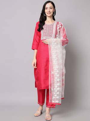 Rani-pink embroidered cotton silk Kurta Pant With Dupatta 1