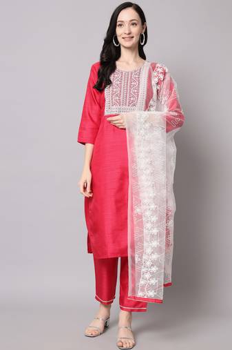 Rani-pink embroidered cotton silk Kurta Pant With Dupatta