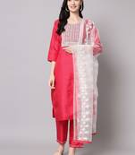 Rani-pink embroidered cotton silk Kurta Pant With Dupatta