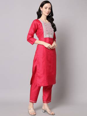 Rani-pink embroidered cotton silk Kurta Pant With Dupatta 2