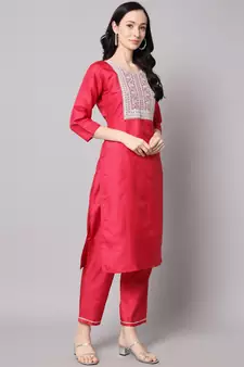Rani-pink embroidered cotton silk Kurta Pant With Dupatta