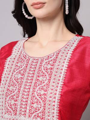 Rani-pink embroidered cotton silk Kurta Pant With Dupatta 3