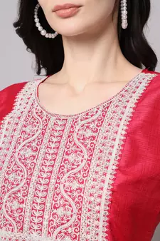 Rani-pink embroidered cotton silk Kurta Pant With Dupatta