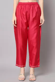 Rani-pink embroidered cotton silk Kurta Pant With Dupatta