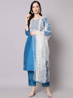 Teal embroidered cotton silk Kurta Pant With Dupatta 1