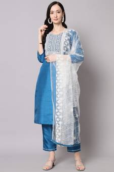 Teal embroidered cotton silk Kurta Pant With Dupatta