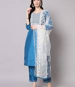 Teal embroidered cotton silk Kurta Pant With Dupatta