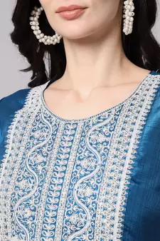Teal embroidered cotton silk Kurta Pant With Dupatta