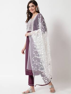 Purple embroidered cotton silk Kurta Pant With Dupatta 1