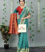 Aqua blue woven banarasi silk saree with blouse