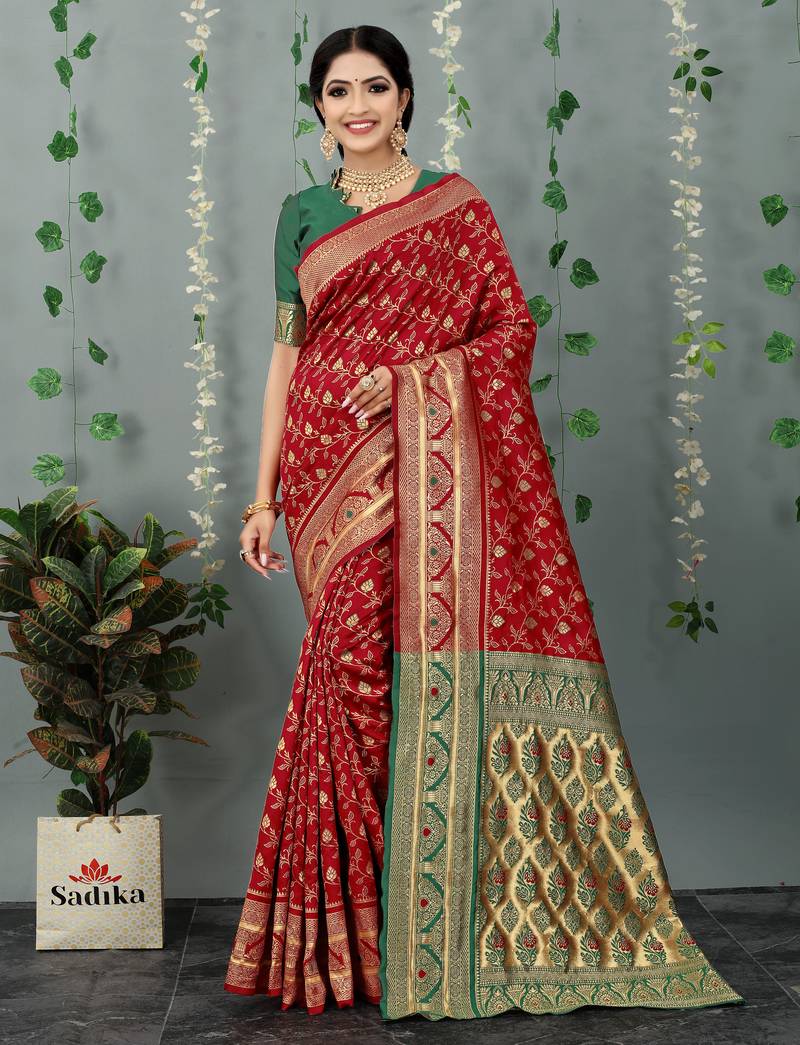 Red woven banarasi silk saree with blouse