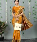 Yellow woven banarasi silk saree with blouse