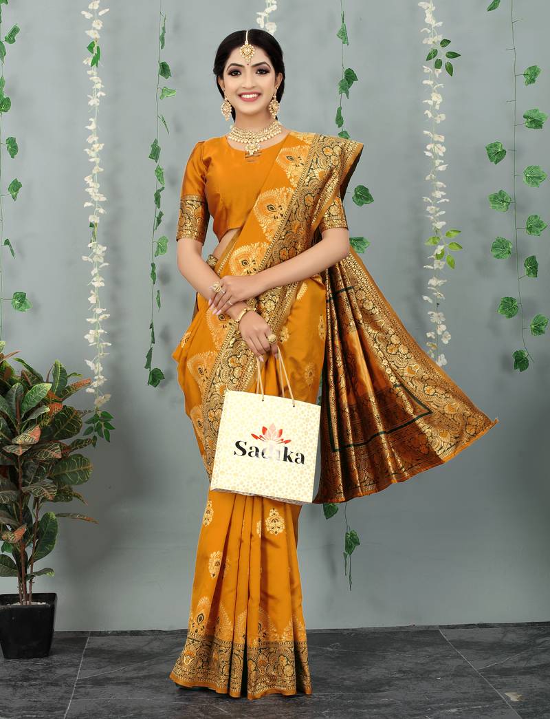 Yellow woven banarasi silk saree with blouse