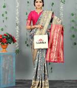 Grey woven banarasi silk saree with blouse
