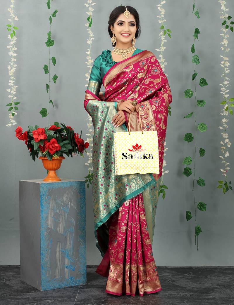 Rani pink woven banarasi silk saree with blouse