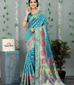 Aqua blue woven banarasi silk saree with blouse
