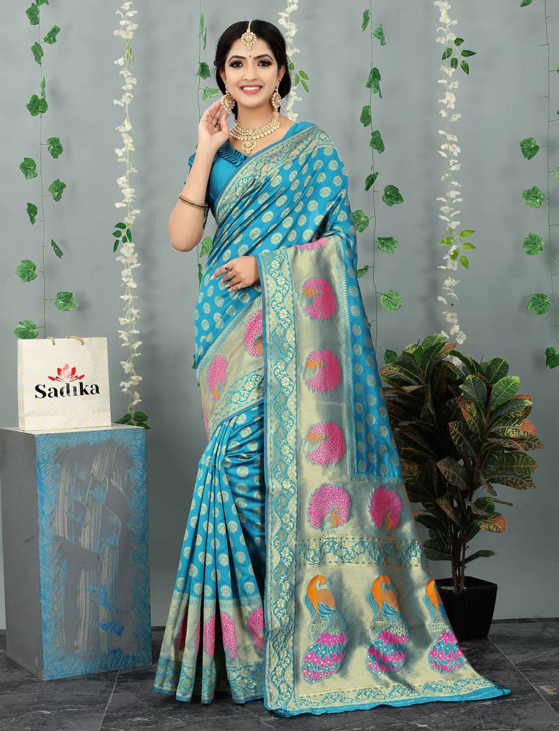 Aqua blue woven banarasi silk saree with blouse