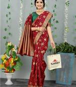 Maroon woven banarasi silk saree with blouse