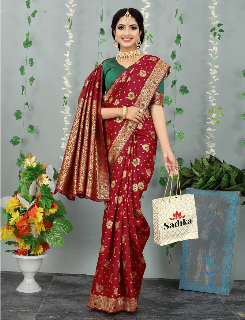 Maroon woven banarasi silk saree with blouse