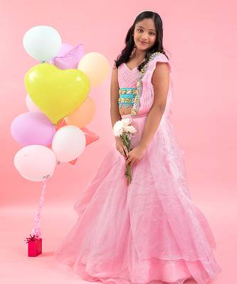 Two Layered Lahenga With Attached Dupatta And Hand Embroidered Crop Top 1