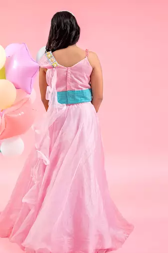 Two Layered Lahenga With Attached Dupatta And Hand Embroidered Crop Top