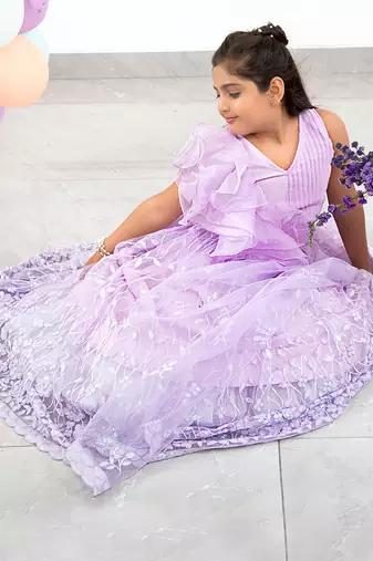 Embroidered Lahenga With Ruffled Crop Top And Attached Dupatta