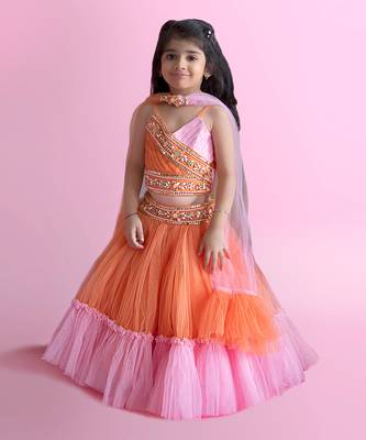 Orange And Baby Pink Dual Tone Pleated Top And Ruffle Lehenga With Knot Detail Dupatta 1