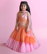 Orange And Baby Pink Dual Tone Pleated Top And Ruffle Lehenga With Knot Detail Dupatta