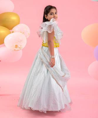 Embroidered Crop Top With Attached Dupatta And Lahenga 2