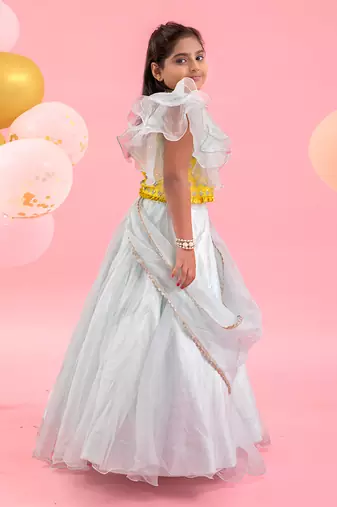 Embroidered Crop Top With Attached Dupatta And Lahenga