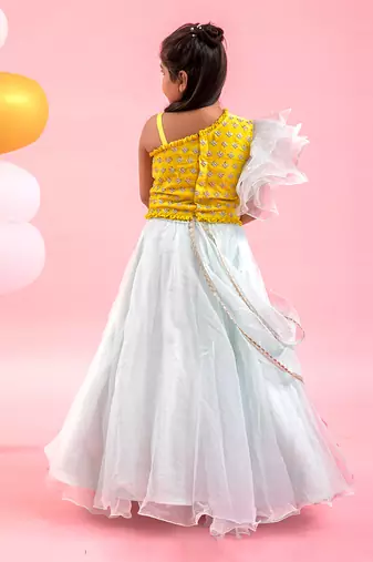 Embroidered Crop Top With Attached Dupatta And Lahenga