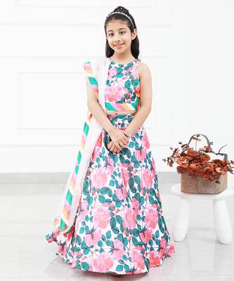 Floral Modal Satin Based Crop Top With Lahenga And Dupatta 1
