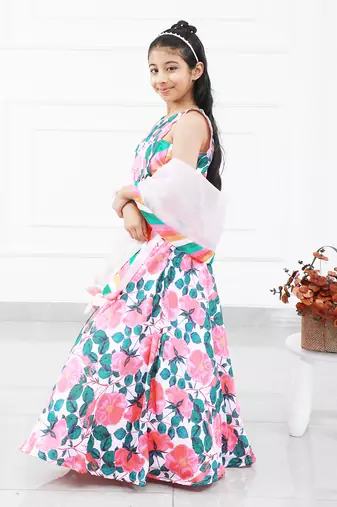 Floral Modal Satin Based Crop Top With Lahenga And Dupatta