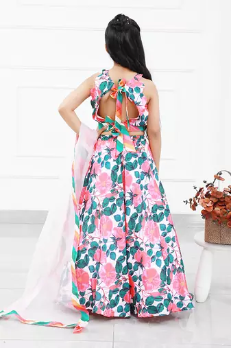Floral Modal Satin Based Crop Top With Lahenga And Dupatta