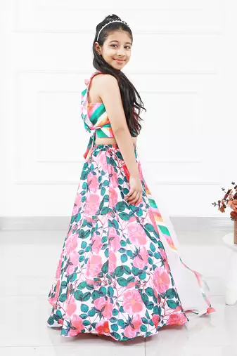 Floral Modal Satin Based Crop Top With Lahenga And Dupatta