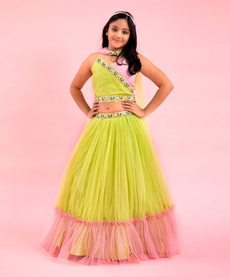 Light Lime Green And Baby Pink Dual Tone Pleated Top And Ruffle Lehenga With Knot Detail Dupatta 1