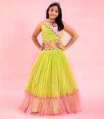 Light Lime Green And Baby Pink Dual Tone Pleated Top And Ruffle Lehenga With Knot Detail Dupatta