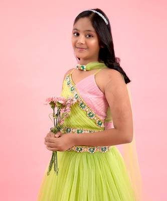 Light Lime Green And Baby Pink Dual Tone Pleated Top And Ruffle Lehenga With Knot Detail Dupatta 2