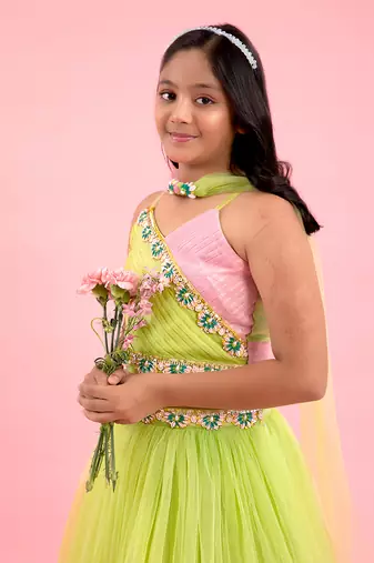 Light Lime Green And Baby Pink Dual Tone Pleated Top And Ruffle Lehenga With Knot Detail Dupatta