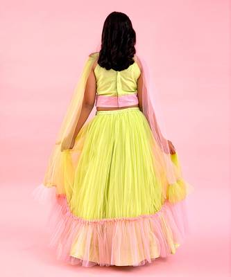 Light Lime Green And Baby Pink Dual Tone Pleated Top And Ruffle Lehenga With Knot Detail Dupatta 3