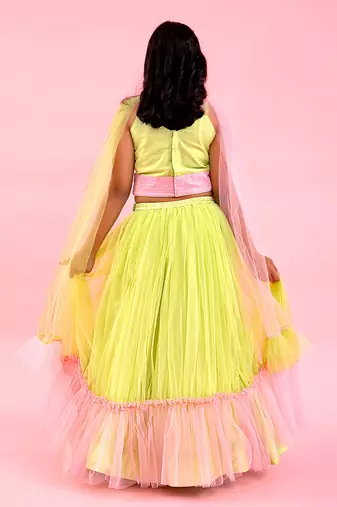 Light Lime Green And Baby Pink Dual Tone Pleated Top And Ruffle Lehenga With Knot Detail Dupatta
