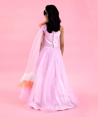 Stylish One Shoulder Mirror Work Lavender Top And Lehenga 3